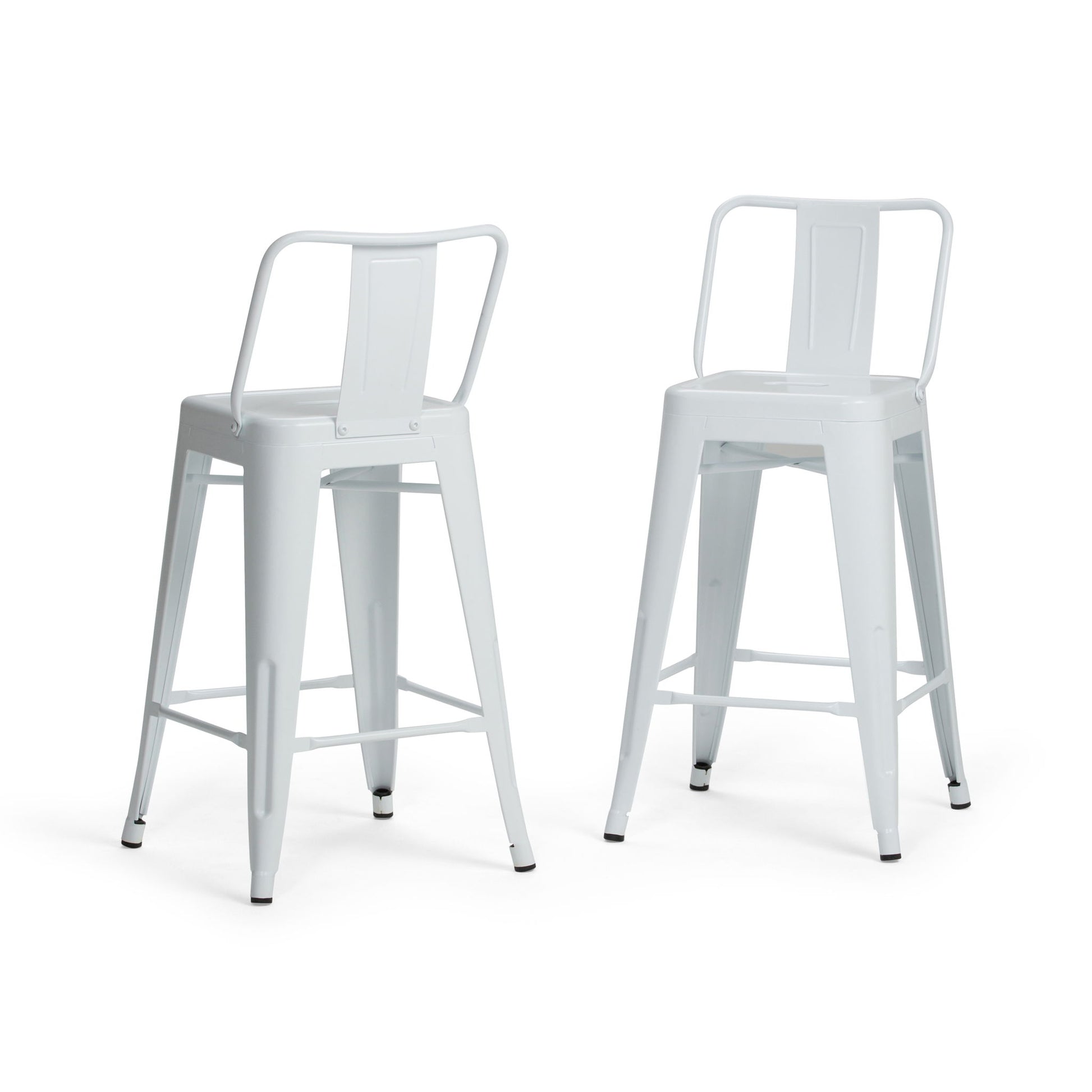Two Rayne Multifunctional Metal Stools, tall and white with backrests and footrests, showcase a minimalist industrial design. Both are displayed side by side against a plain white background.