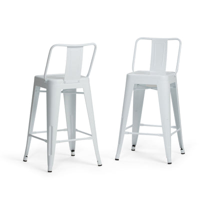 Two Rayne Multifunctional Metal Stools, tall and white with backrests and footrests, showcase a minimalist industrial design. Both are displayed side by side against a plain white background.