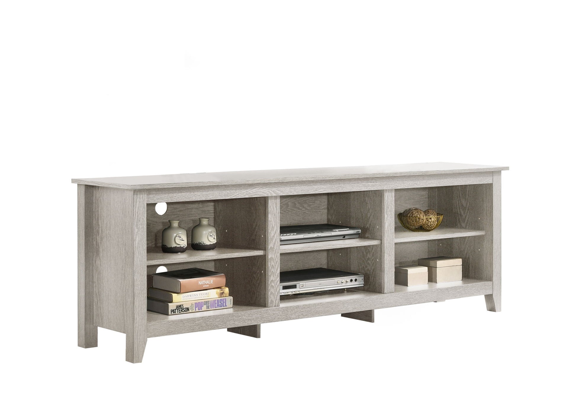 The Benito TV Stand features a light gray wood finish, three open shelves for books, decor, and electronics, plus two circular back panel cutouts for easy cable management.