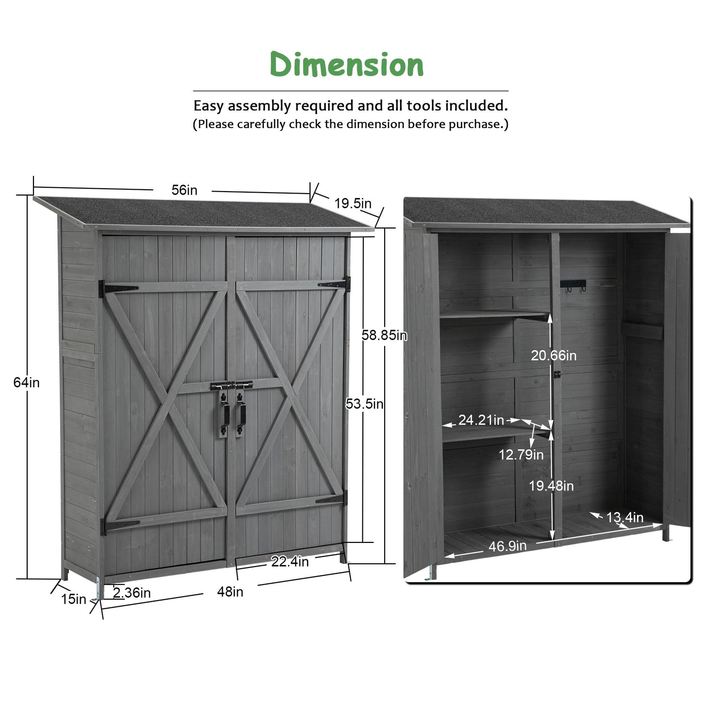 Outdoor Storage Shed With Lockable Door features double doors, detachable shelves, black metal accents, and a pitch roof. Dimensions: 56.3" H × 41" W × 20.5" D with detailed shelf measurements included.