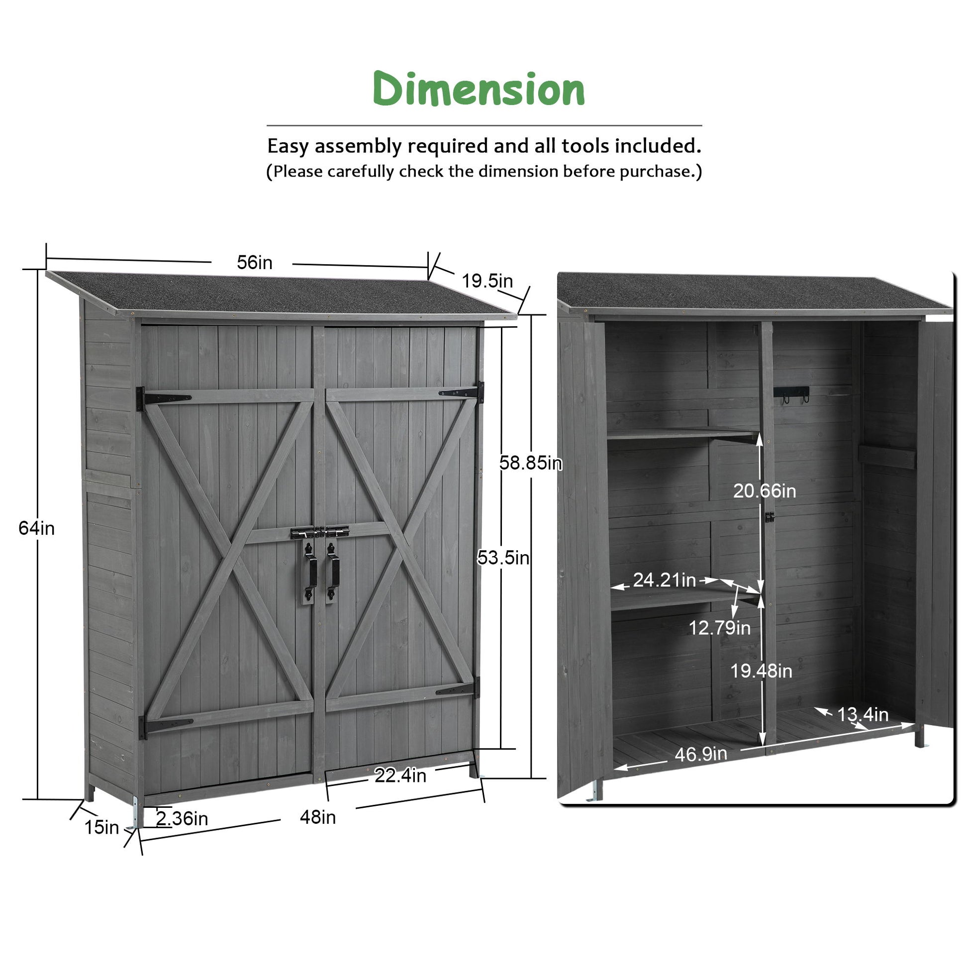 Outdoor Storage Shed With Lockable Door features double doors, detachable shelves, black metal accents, and a pitch roof. Dimensions: 56.3" H × 41" W × 20.5" D with detailed shelf measurements included.