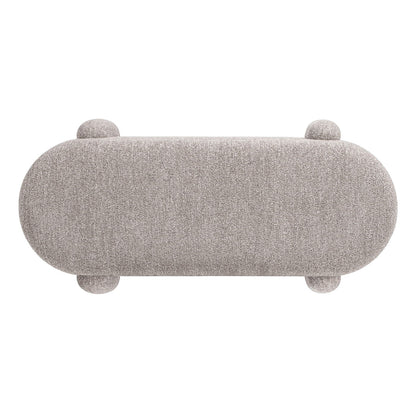 Top view of the Hugo - Oval Fully Upholstered Storage Bench in light gray, featuring a smooth, minimalist design with four rounded feet and plenty of storage inside.