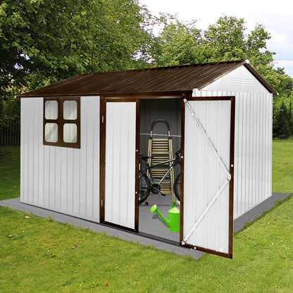 A 10' x 8' Garden Sheds Outdoor Storage Shed with a white exterior and brown roof stands on a lawn with open doors, showing a bicycle, shelves, stepladder, and green watering can inside; trees and bushes are in the background.