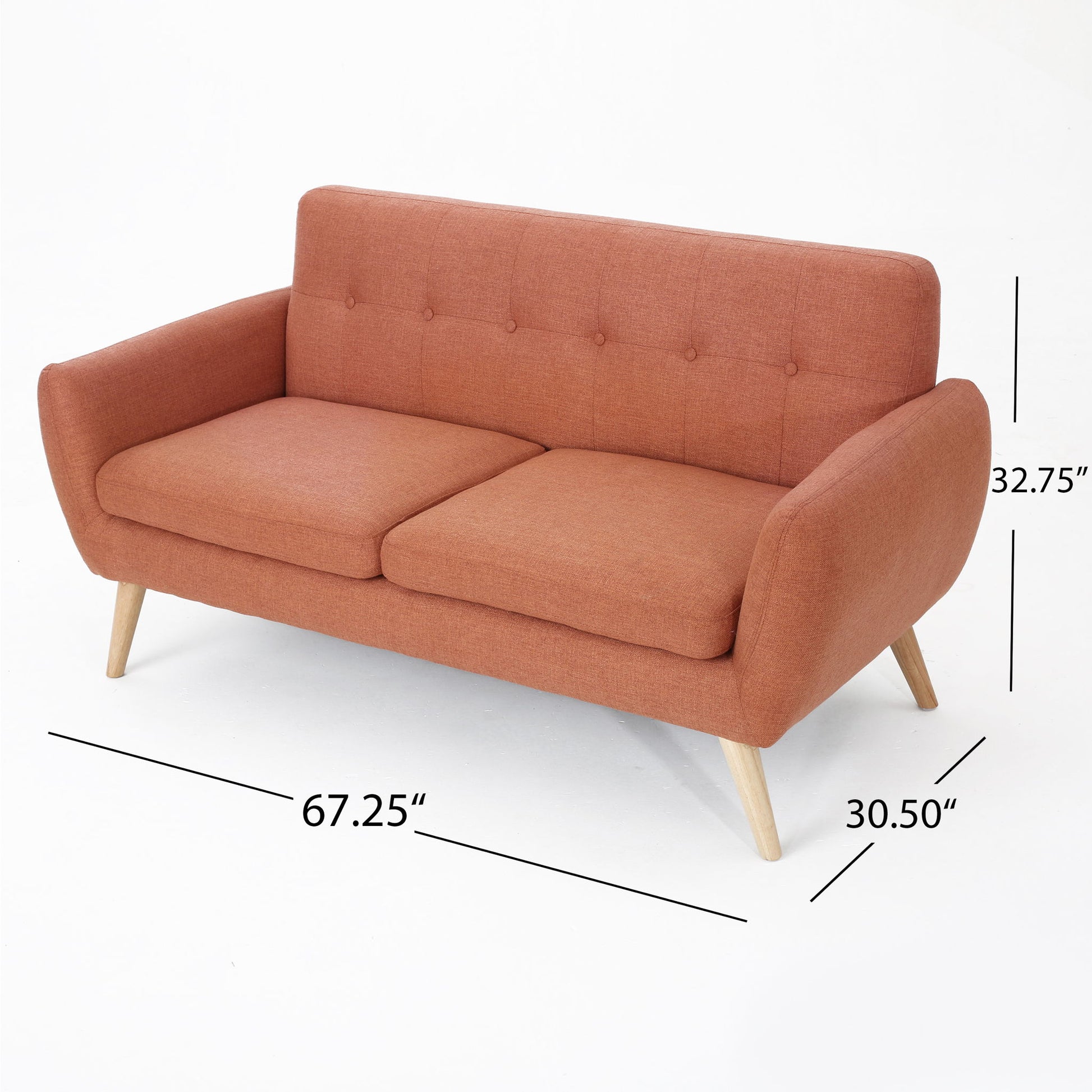 The Modern Loveseat Sofa With Button Tufted Backrest features orange upholstery, wooden legs, and mid-century modern style. Dimensions: 67.25"W x 32.75"H x 30.50"D. Pictured on a plain white background.