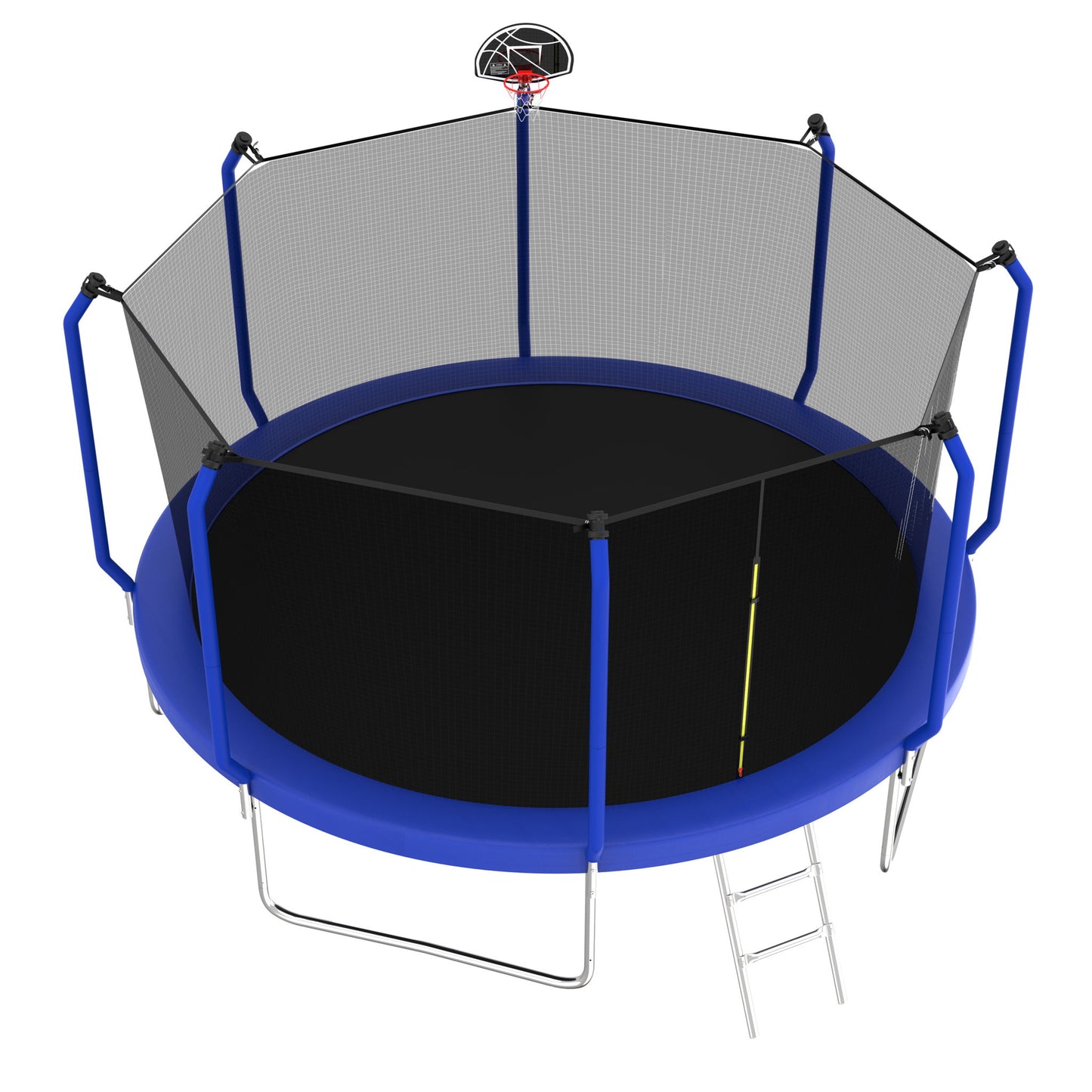 The Trampoline With Basketball Hoop is an ASTM approved, reinforced outdoor round trampoline featuring a blue frame, black jumping mat, safety net enclosure, ladder, and a basketball hoop attached to the net.