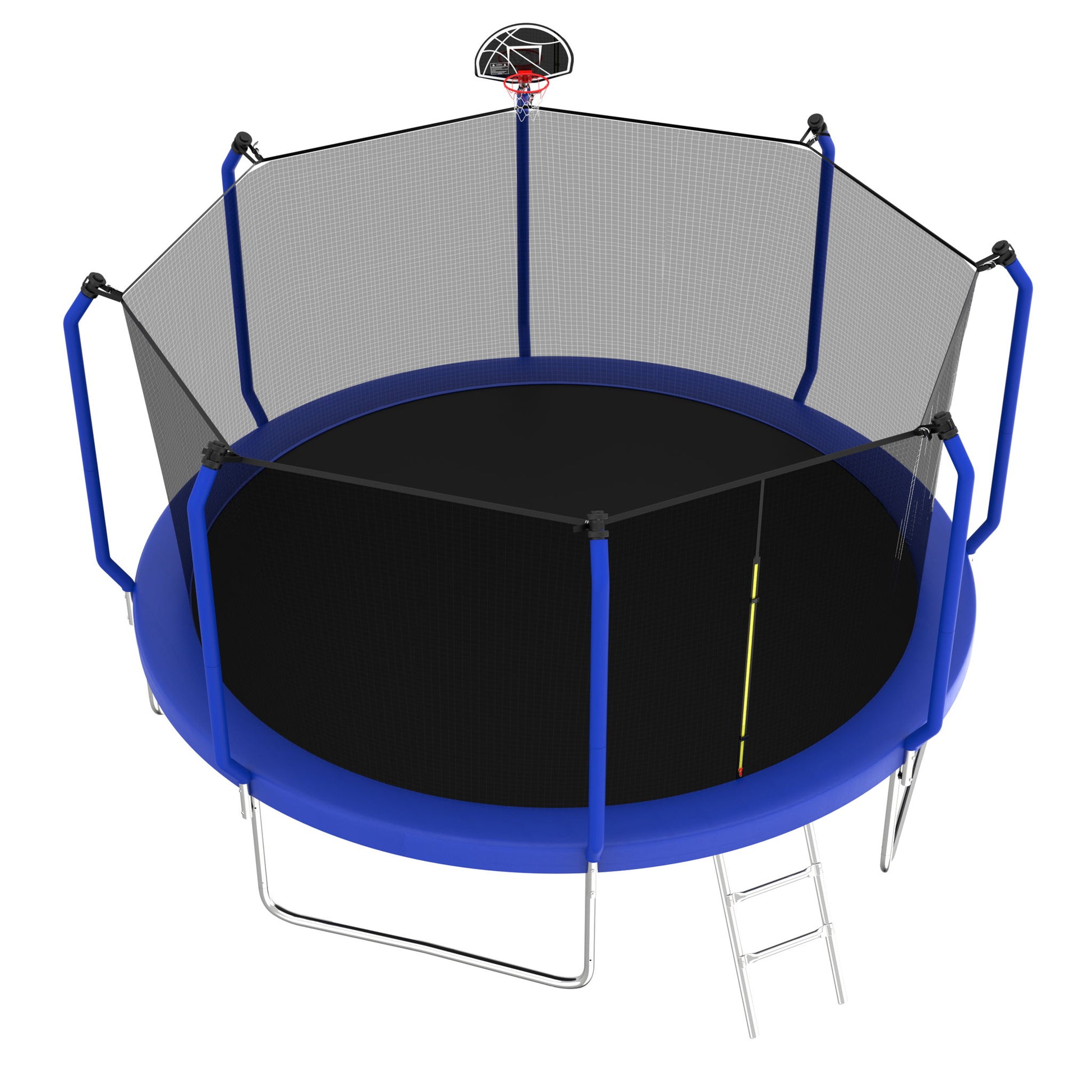 The Trampoline With Basketball Hoop is an ASTM approved, reinforced outdoor round trampoline featuring a blue frame, black jumping mat, safety net enclosure, ladder, and a basketball hoop attached to the net.