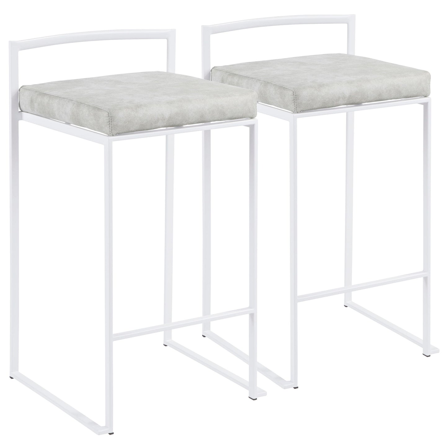 The Fuji - Simple Elegance Contemporary Stackable Counter Stools feature white metal frames, light gray cushioned seats, minimalist backrests, and footrests, offering modern style and convenient stackability for your space.