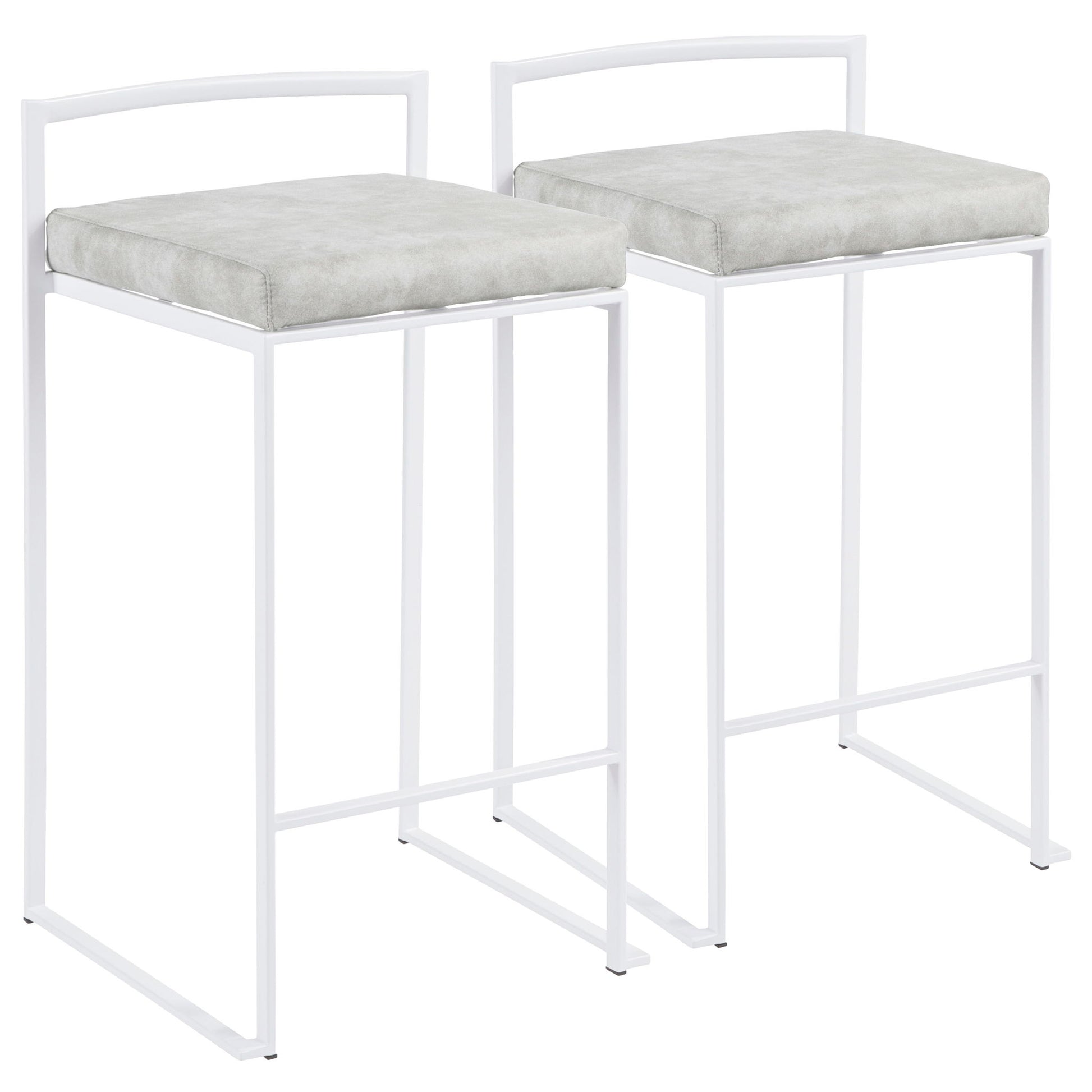 The Fuji - Simple Elegance Contemporary Stackable Counter Stools feature white metal frames, light gray cushioned seats, minimalist backrests, and footrests, offering modern style and convenient stackability for your space.