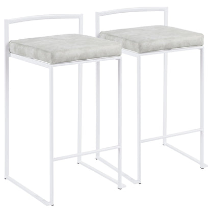 The Fuji - Simple Elegance Contemporary Stackable Counter Stools feature white metal frames, light gray cushioned seats, minimalist backrests, and footrests, offering modern style and convenient stackability for your space.