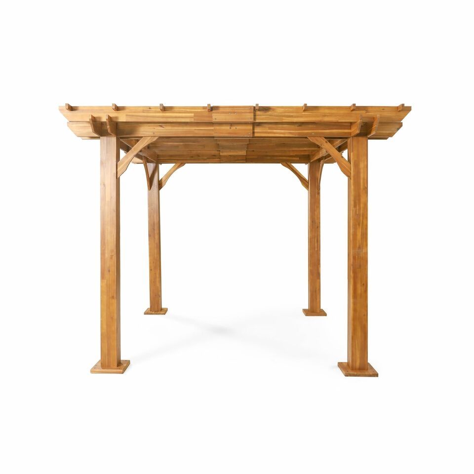 The Brady 10 x 10 Ft. Square Pergola in teak features four sturdy square posts and a flat slatted roof, shown against a plain white background.