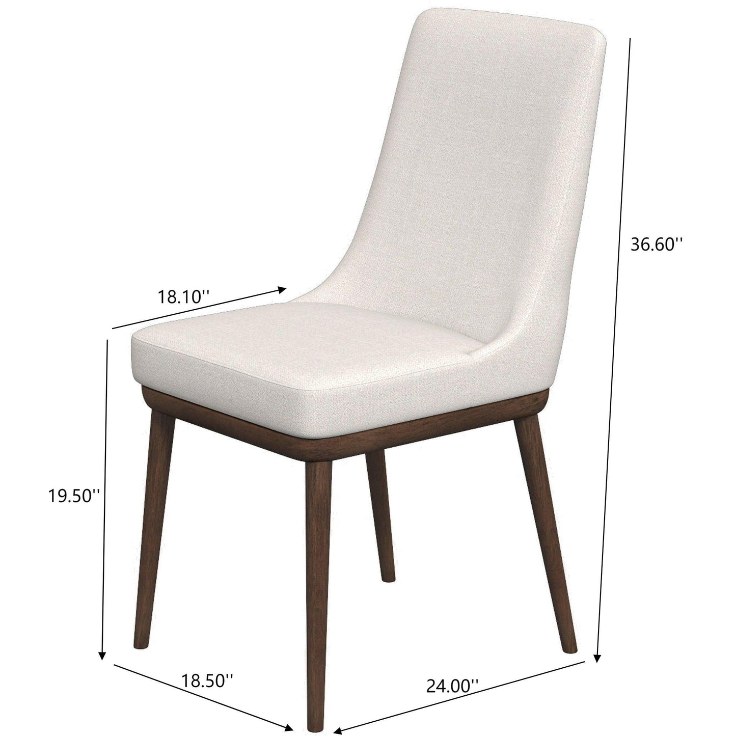 The Kate Mid-Century Modern Dining Chair (Set of 2) features a high, angled backrest, light fabric upholstery, and four wooden legs. Dimensions: 36.6" H x 24" D x 18.5" W; seat height 19.5", seat depth 18.1".