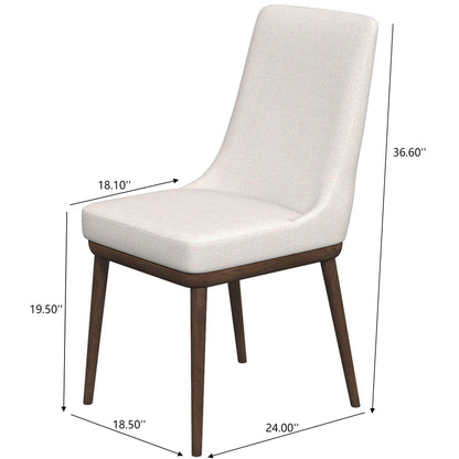 The Kate Mid-Century Modern Dining Chair (Set of 2) features a high, angled backrest, light fabric upholstery, and four wooden legs. Dimensions: 36.6" H x 24" D x 18.5" W; seat height 19.5", seat depth 18.1".