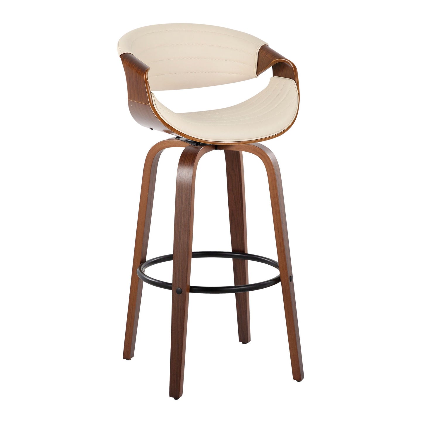 The Symphony Barstool Set features a mid-century modern design with a curved wooden frame, light beige cushioned seat and backrest, slim angled legs, and a round black footrest. Fixed height with swivel function. Set of 2.