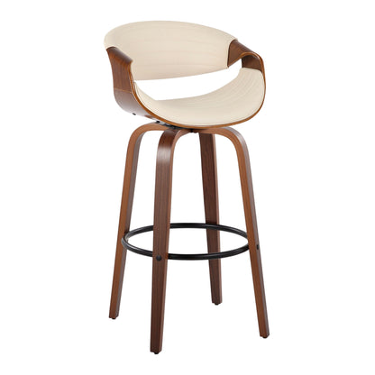 The Symphony Barstool Set features a mid-century modern design with a curved wooden frame, light beige cushioned seat and backrest, slim angled legs, and a round black footrest. Fixed height with swivel function. Set of 2.