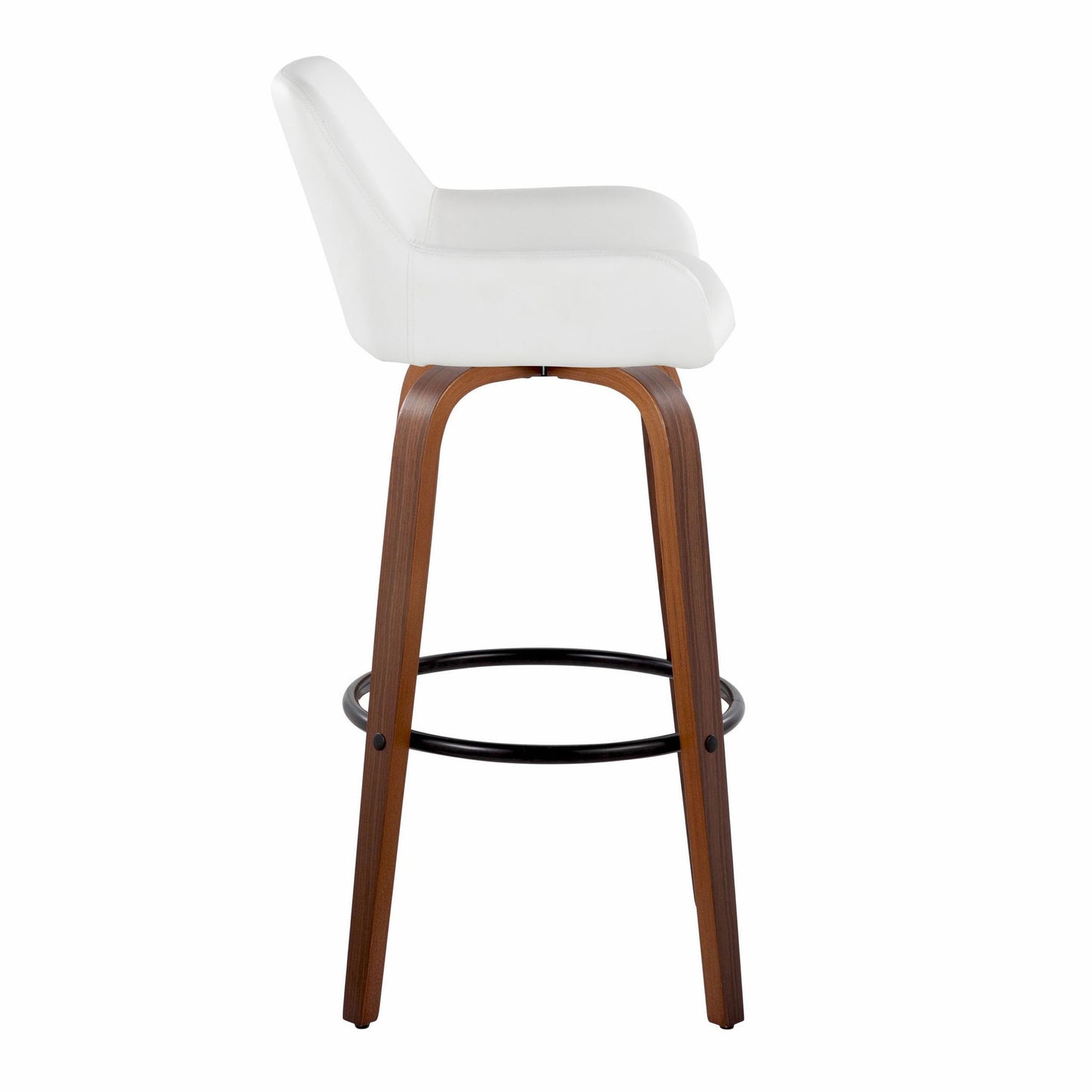The Daniella barstool set features a contemporary design with a white cushioned seat, curved wooden legs, and a round black footrest. Shown here from the side.