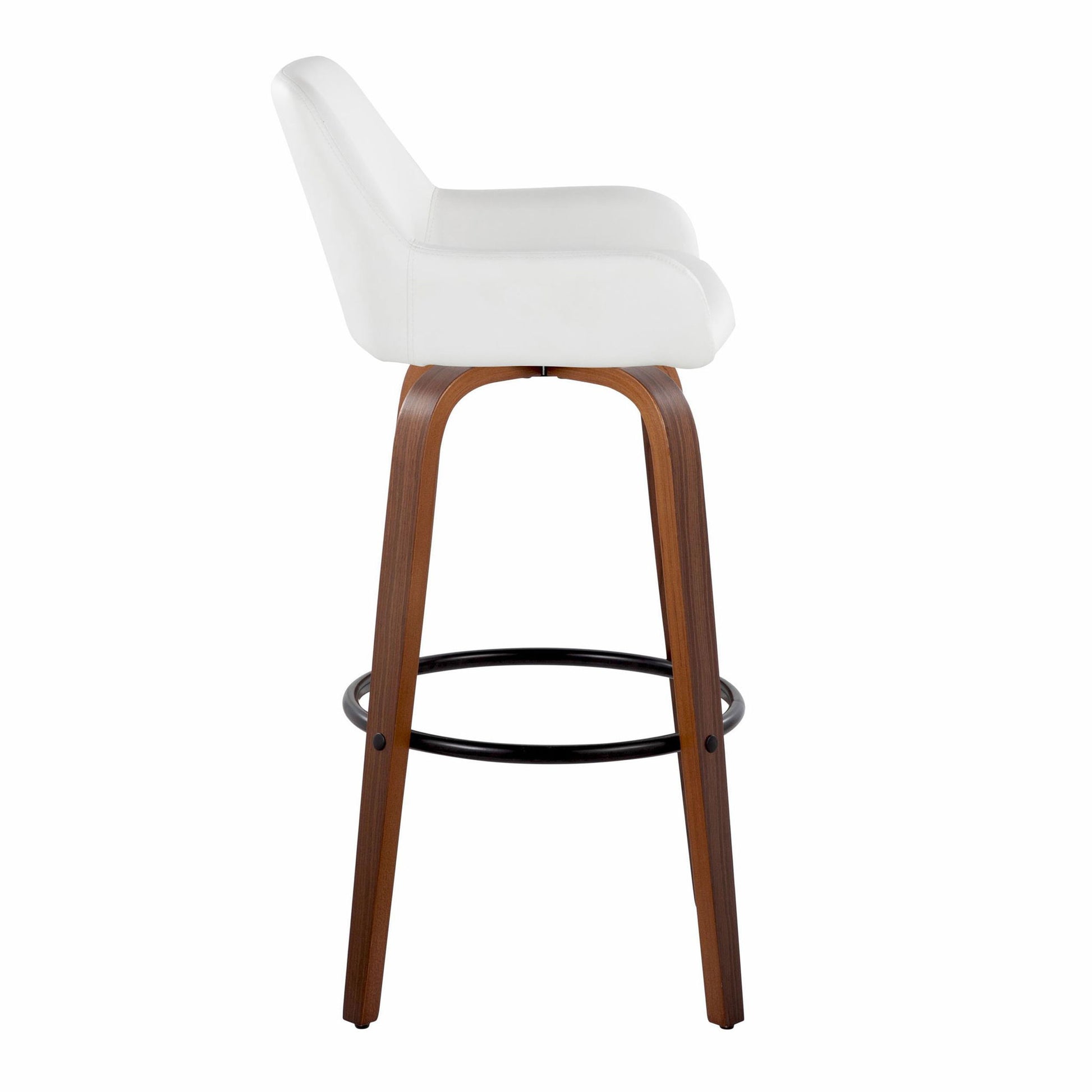 The Daniella barstool set features a contemporary design with a white cushioned seat, curved wooden legs, and a round black footrest. Shown here from the side.