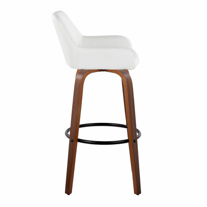 The Daniella barstool set features a contemporary design with a white cushioned seat, curved wooden legs, and a round black footrest. Shown here from the side.