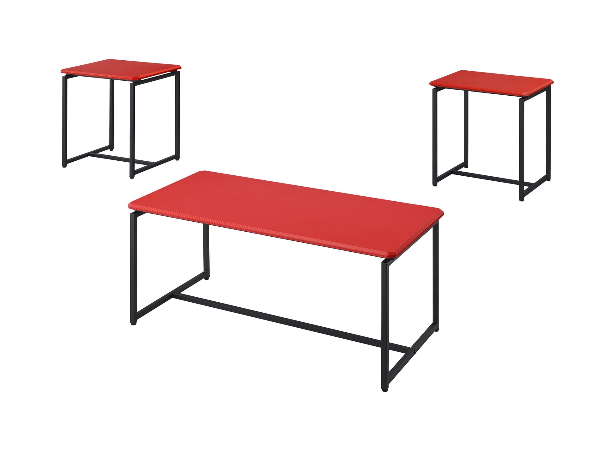 The GT - 3 Piece Carbon Fiber Wrap Coffee Table And End Table set features one large center table and two smaller matched tables, all with sleek red rectangular tops and black metal frames, arranged against a white background.
