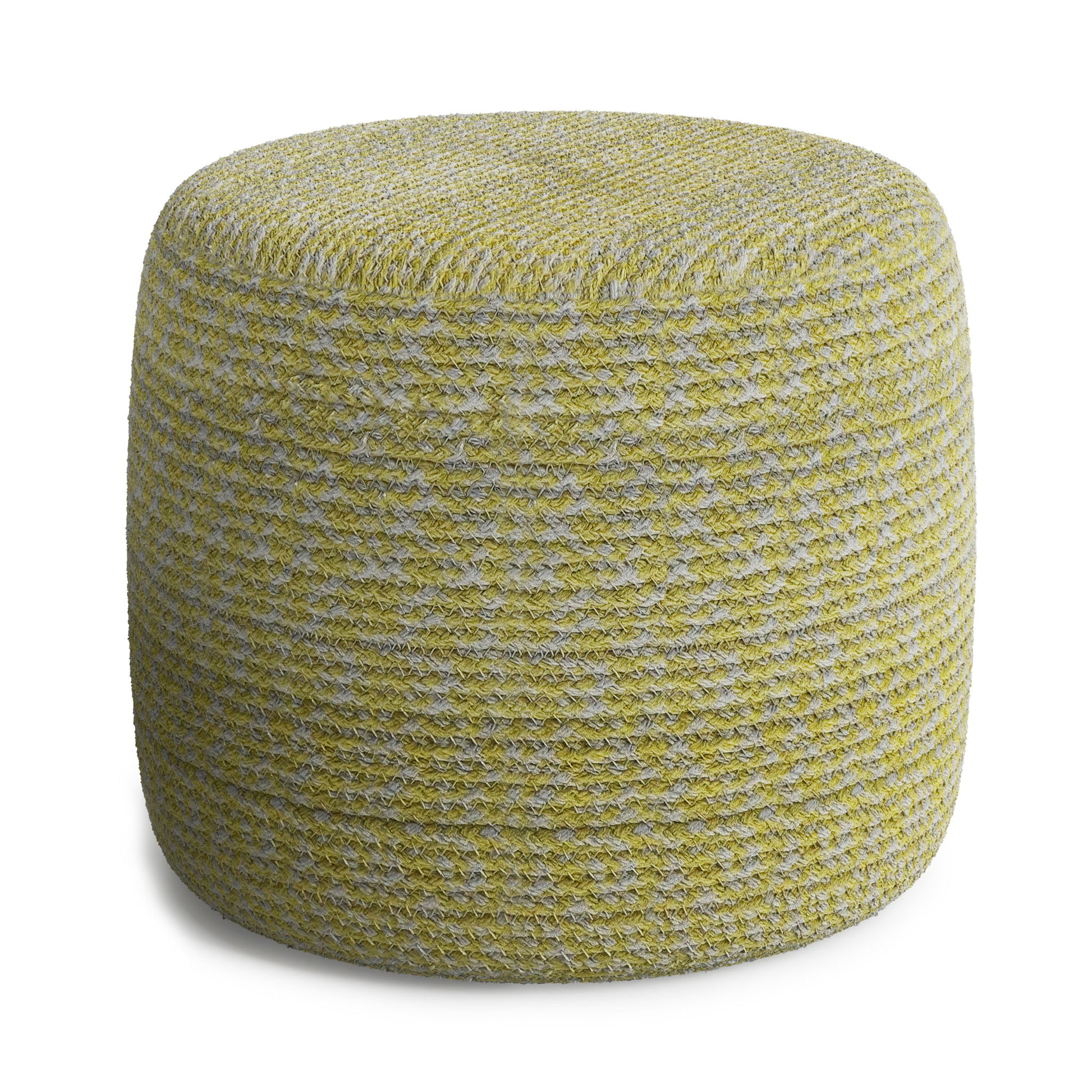 The Bayley - Versatile Round Braided Pouf features a textured, woven fabric in yellow and light gray tones, displayed against a white background.