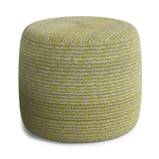 The Bayley - Versatile Round Braided Pouf features a textured, woven fabric in yellow and light gray tones, displayed against a white background.