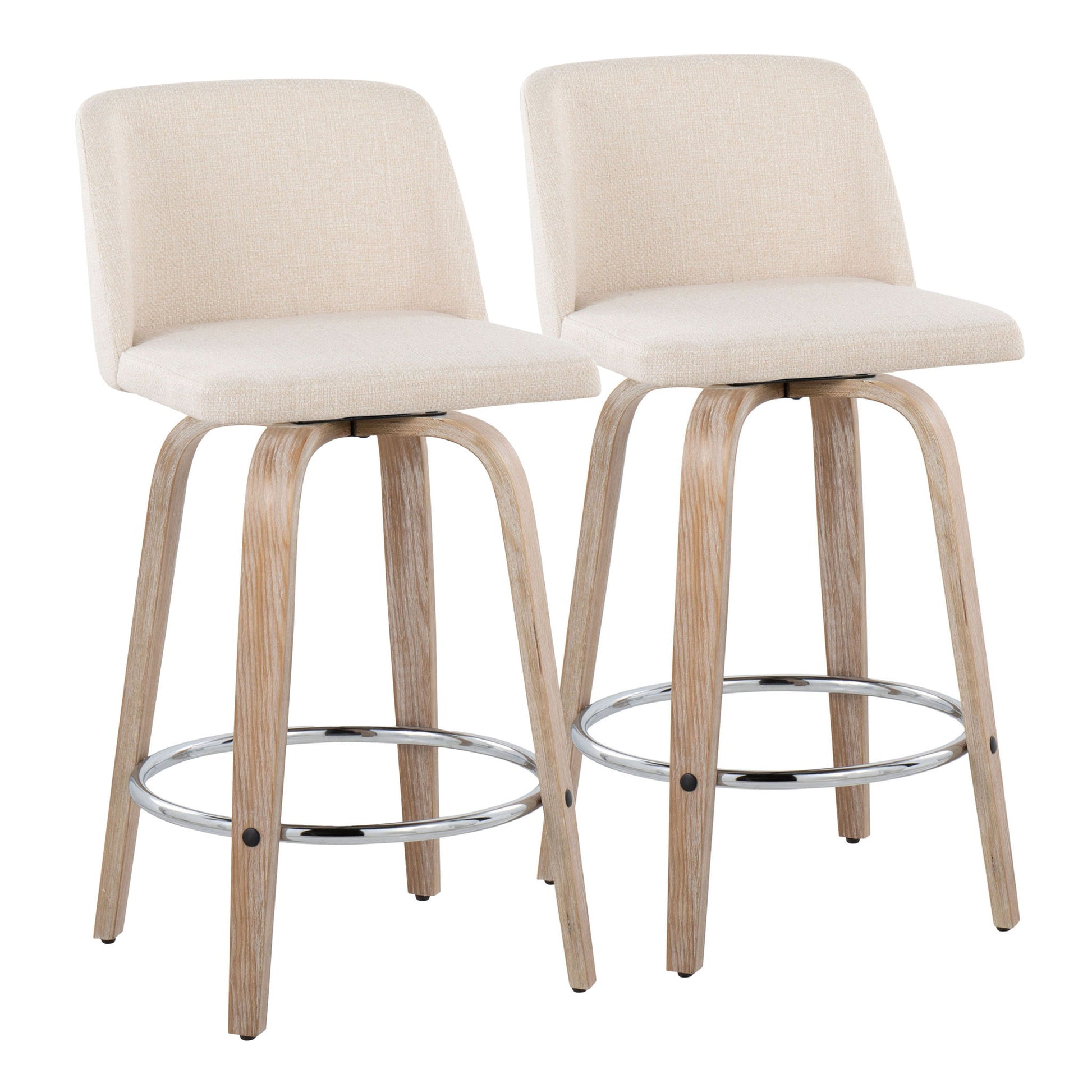 The Toriano set includes two contemporary fixed-height counter stools with swivel seats, round chrome footrests, light beige upholstery, and curved wooden legs, shown against a white background.