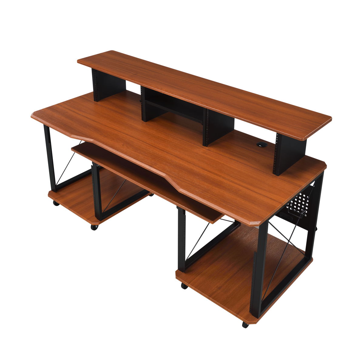 The Megara Music Desk is a wooden workstation with metal supports, featuring multiple levels, built-in shelves on top, and open shelving on both sides below the main surface for organizing office or studio equipment.