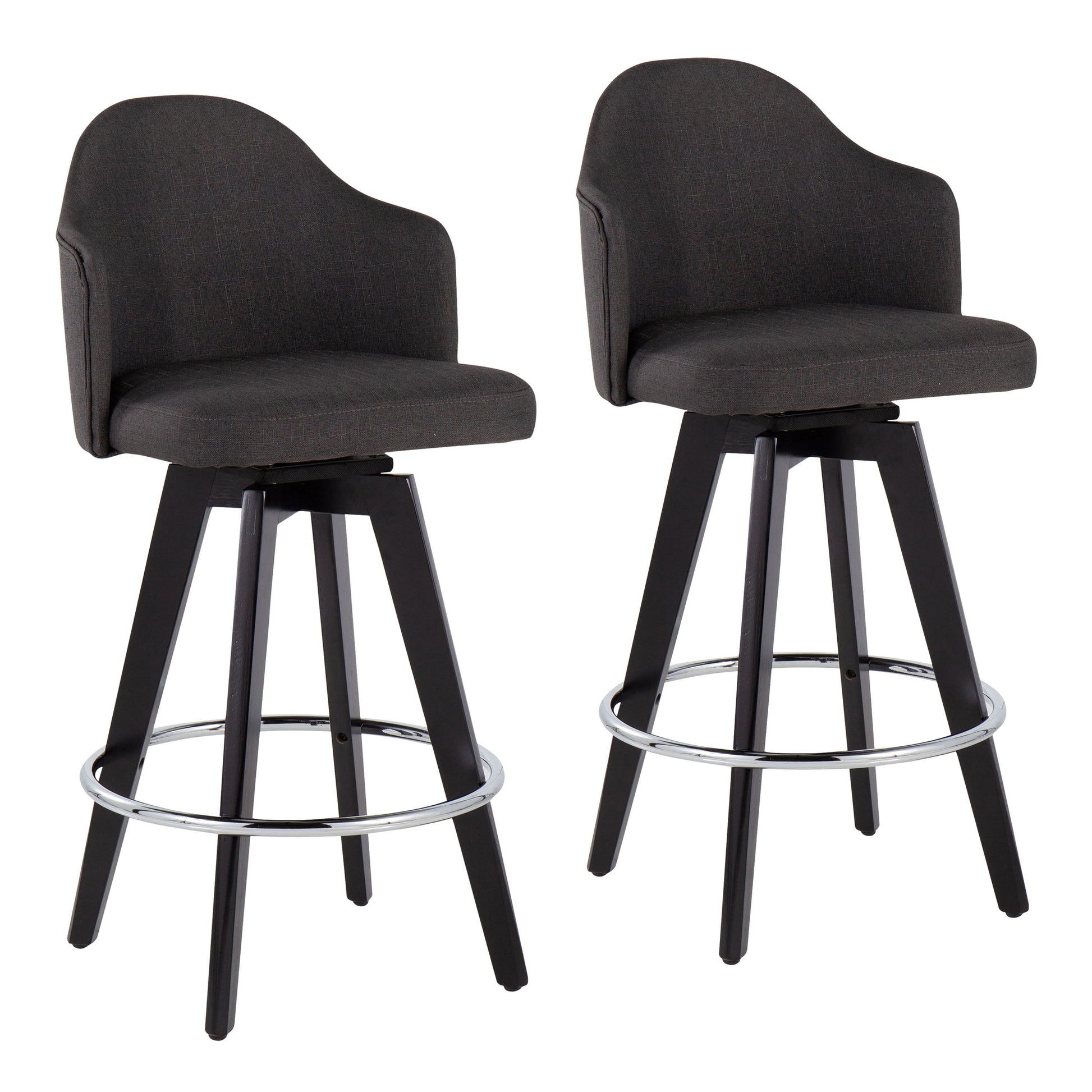 The Ahoy Contemporary Fixed Height Counter Stool set includes two stools with dark cushioned seats and backrests, featuring four black wooden legs and a metallic footrest ring. Their sleek design suits any kitchen or bar area.