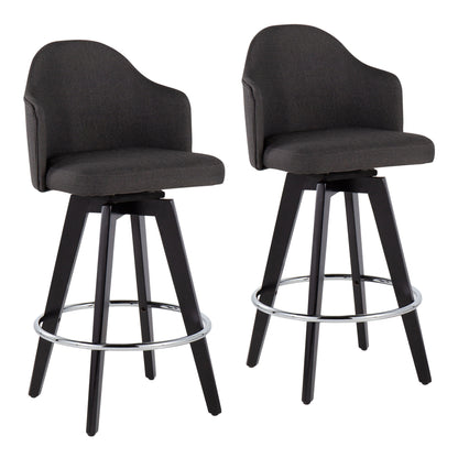 The Ahoy Contemporary Fixed Height Counter Stool set includes two stools with dark cushioned seats and backrests, featuring four black wooden legs and a metallic footrest ring. Their sleek design suits any kitchen or bar area.