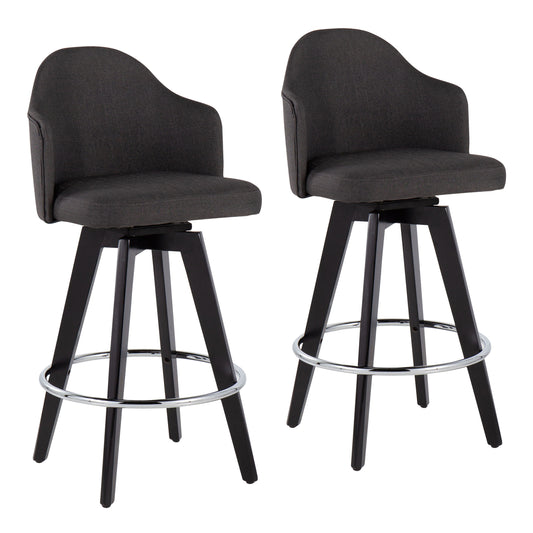 The Ahoy Contemporary Fixed Height Counter Stool set includes two stools with dark cushioned seats and backrests, featuring four black wooden legs and a metallic footrest ring. Their sleek design suits any kitchen or bar area.