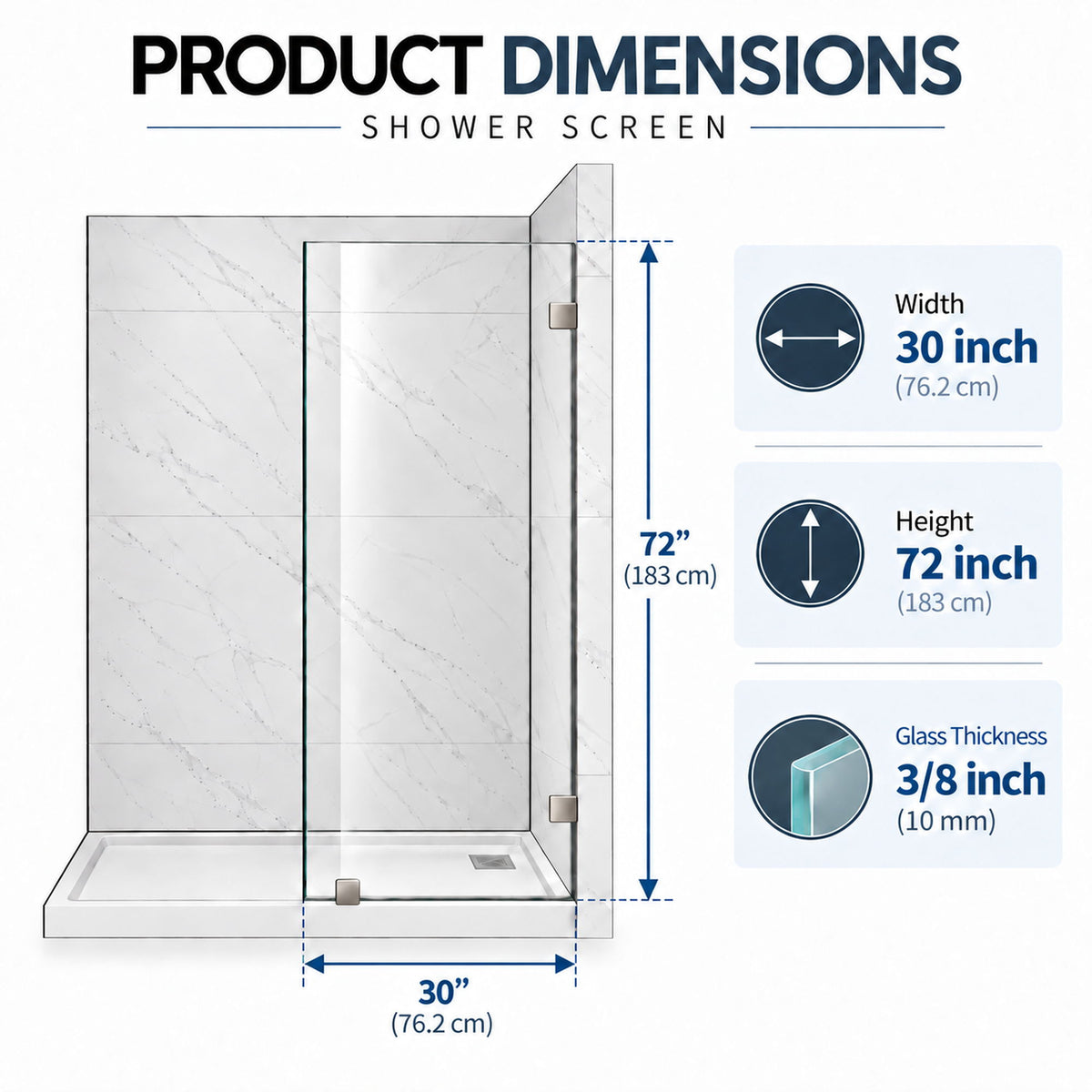 Frameless Bathtub Shower Screen, Reversible Installation