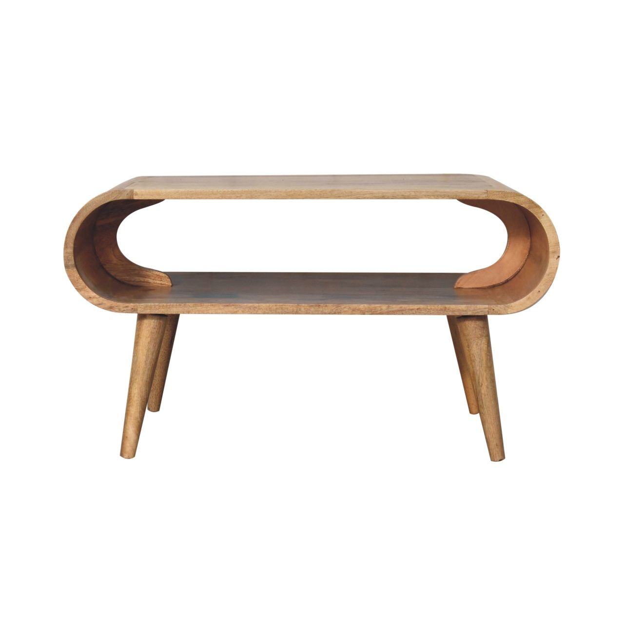 The Solid Wood Open Coffee Table features rounded edges, open sides, angled legs, a lower storage shelf, and a natural wood finish in a mid-century modern design.