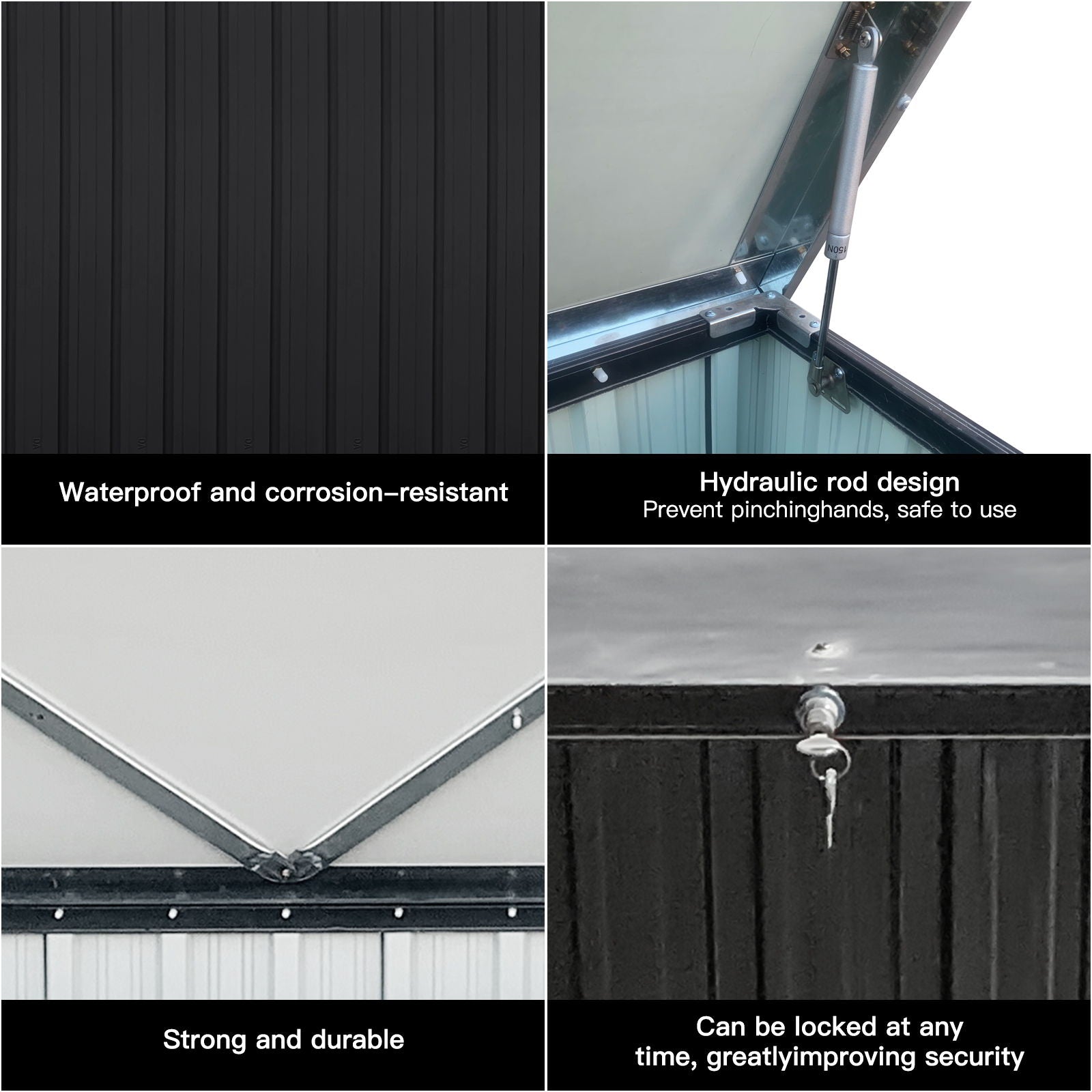 Four-panel image showing features of the Metal Storage Box Store Small - Black: waterproof, corrosion-resistant surface; hydraulic rod for safe opening; strong, durable interior frame; and a lockable lid for added security.