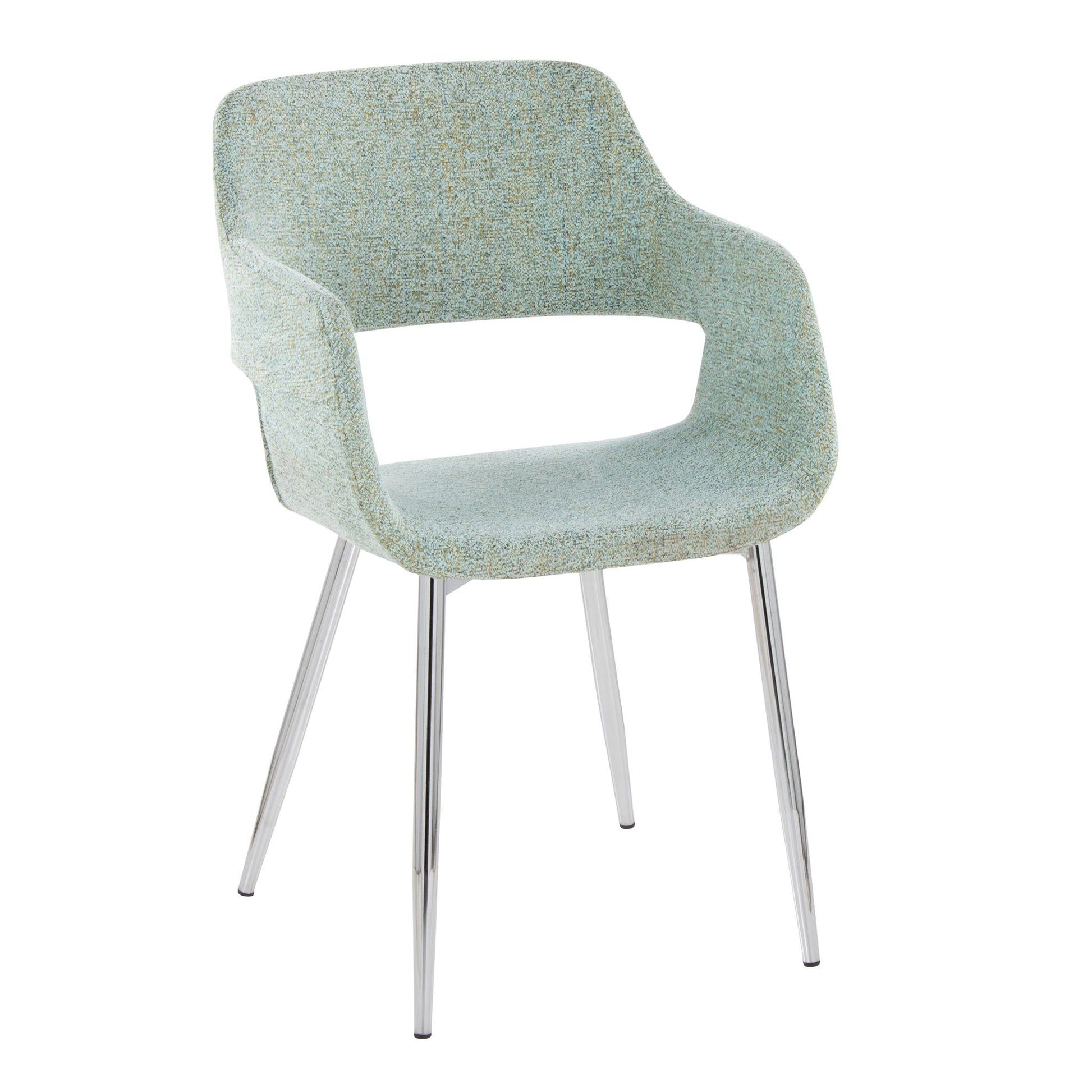 The Margarite Contemporary Dining Chair (Set of 2) features a light blue textured fabric seat and backrest with a lower back cutout, supported by four slender chrome metal legs for a modern look.