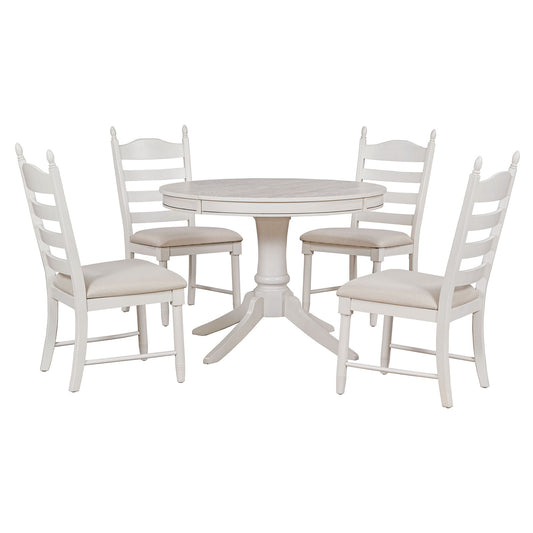 5 Piece Retro Functional Dining Table Set With Extendable Round Table And Upholstered Chairs