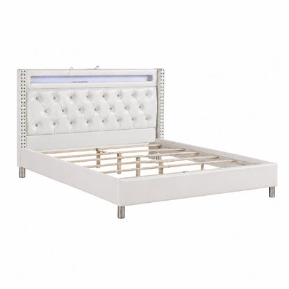 Modern Bed With LED Lights, Charging Port, Tufted Headboard