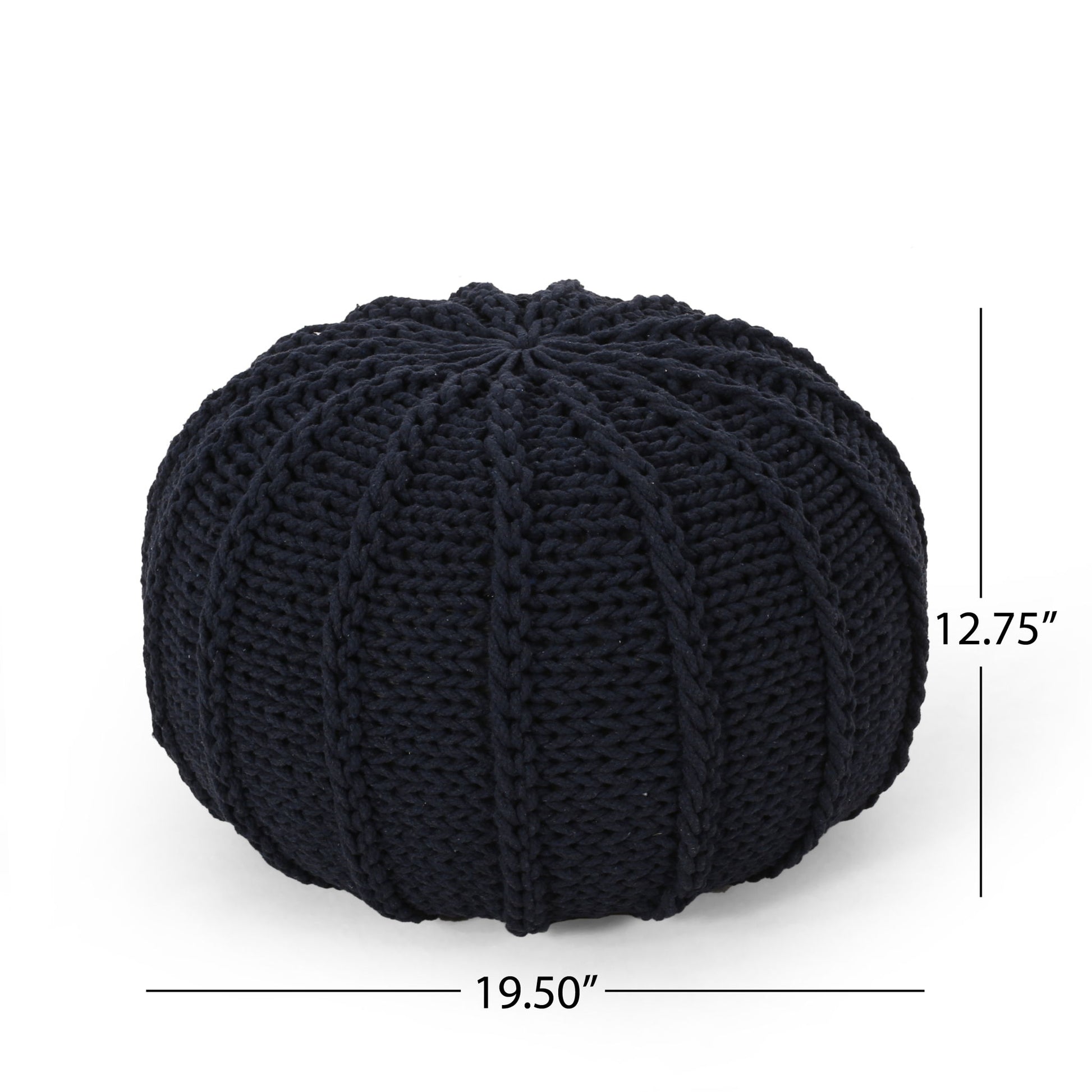 The Bordeaux Knitted Cotton Round Pouf Ottoman and Floor Cushion features a black ribbed knit design, measuring 19.5" wide by 12.75" tall—perfect as a stylish seat or footrest in any room.