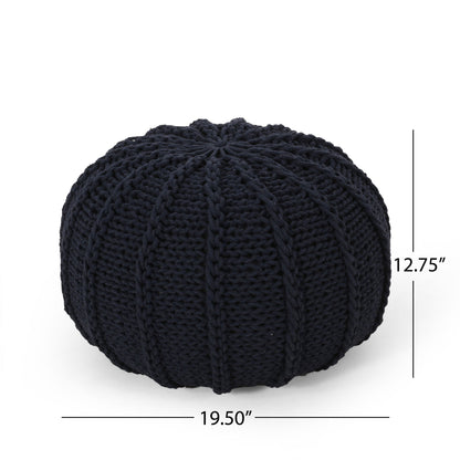 The Bordeaux Knitted Cotton Round Pouf Ottoman and Floor Cushion features a black ribbed knit design, measuring 19.5" wide by 12.75" tall—perfect as a stylish seat or footrest in any room.