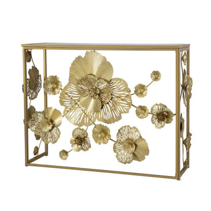 The Console Table With Mirrored Glass Top features a gold metal open rectangular frame with intricate floral designs crafted from thin, textured metal petals at the center and sides—perfect for a modern entryway or living room.