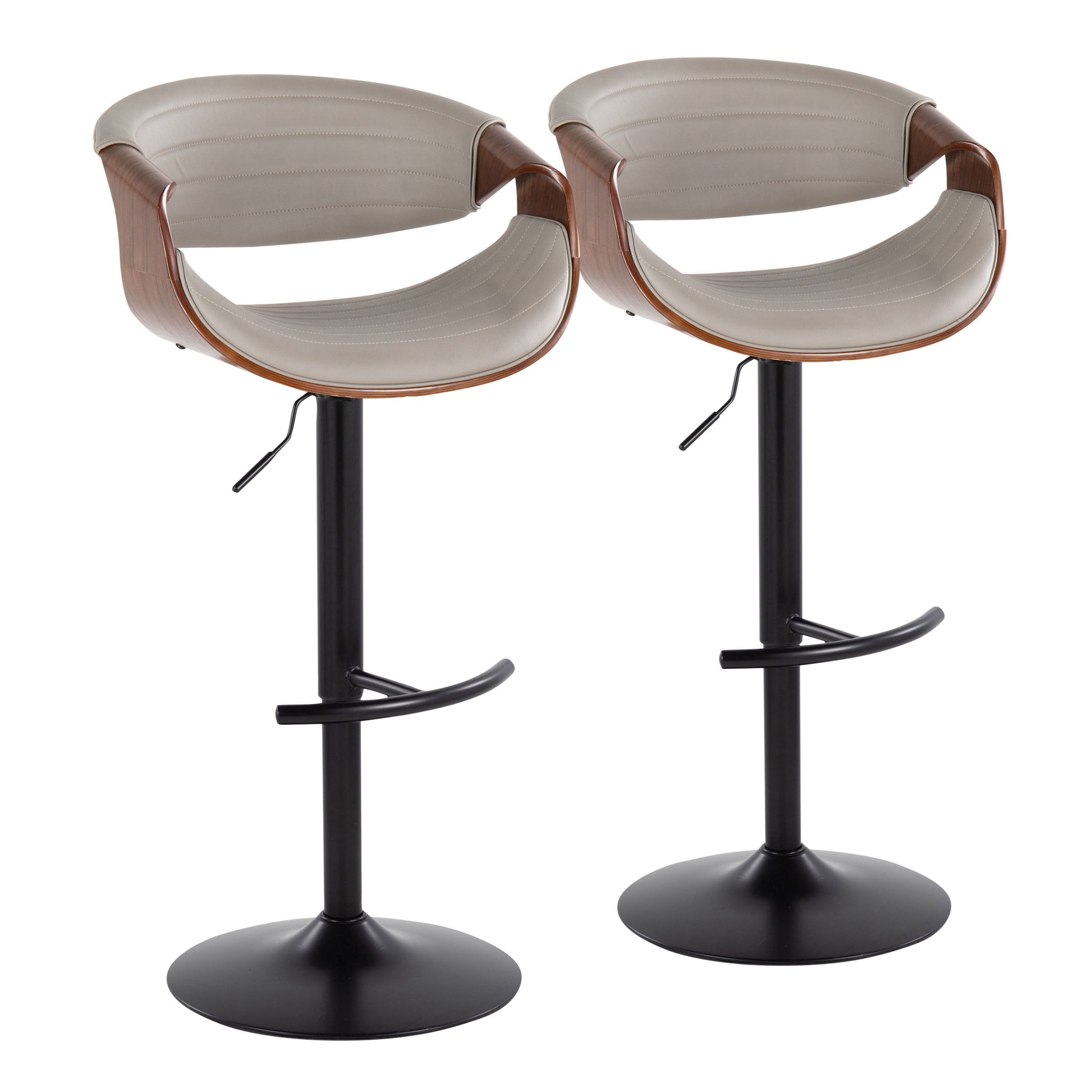 The Symphony set of two mid-century modern adjustable barstools features brown wooden frames, light gray upholstered seats, black metal bases with round T footrests, and swivel functionality.