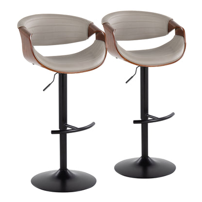 The Symphony set of two mid-century modern adjustable barstools features brown wooden frames, light gray upholstered seats, black metal bases with round T footrests, and swivel functionality.