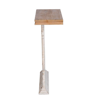 The Classic Vintage Wash Console Table features a narrow, tall design with a natural brown wood top and an antique white distressed base, displayed from the front against a plain white background.
