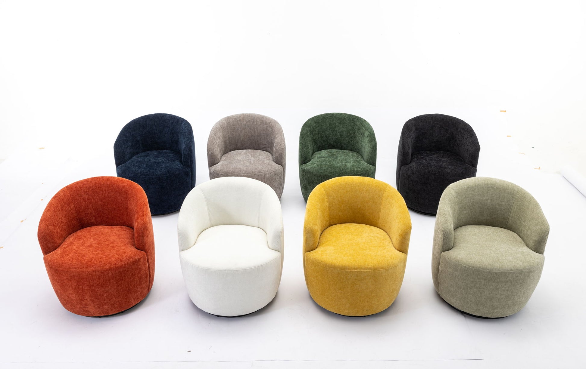 Eight Chenille Fabric Swivel Accent Armchair Barrel Chairs with powder-coated metal rings, in red, navy blue, gray, green, black, white, yellow, and light green, are arranged in two rows on a white background.