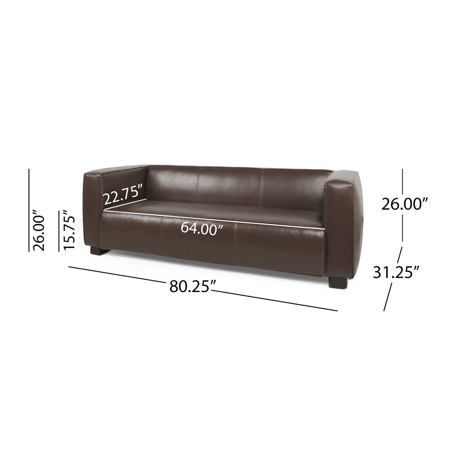 The Contemporary 3 Seater Sofa With Tuxedo Design features brown leather upholstery, straight arms, short legs, and measures 80.25"W x 31.25"D x 26"H with a seat width of 64", seat depth of 22.75", and seat height of 15.75".
