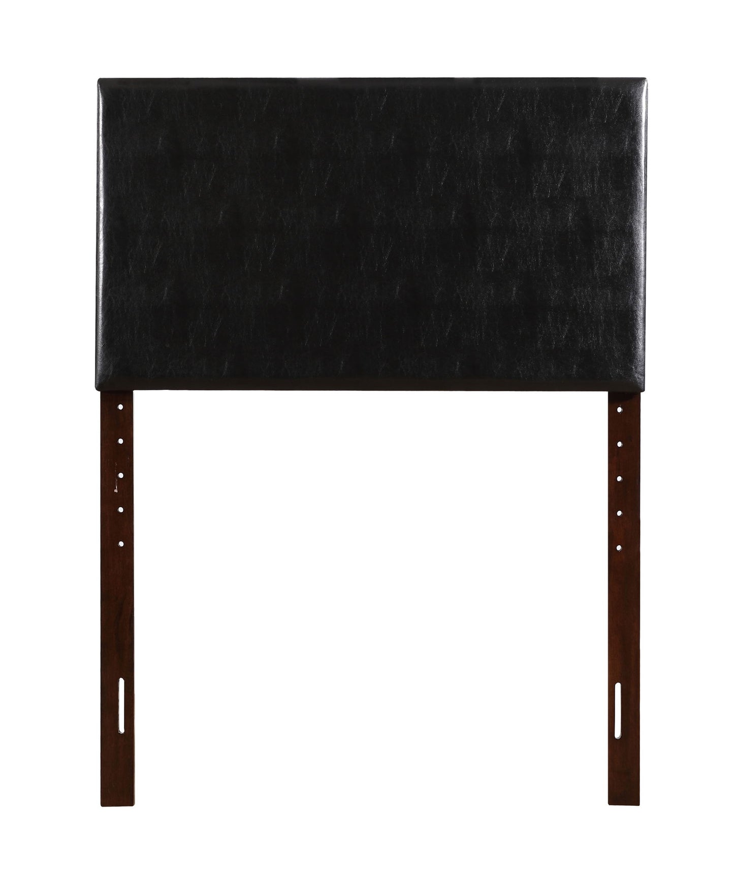 The Nova Headboard is a rectangular black upholstered headboard with dark brown wooden legs and adjustable mounting holes on each leg.