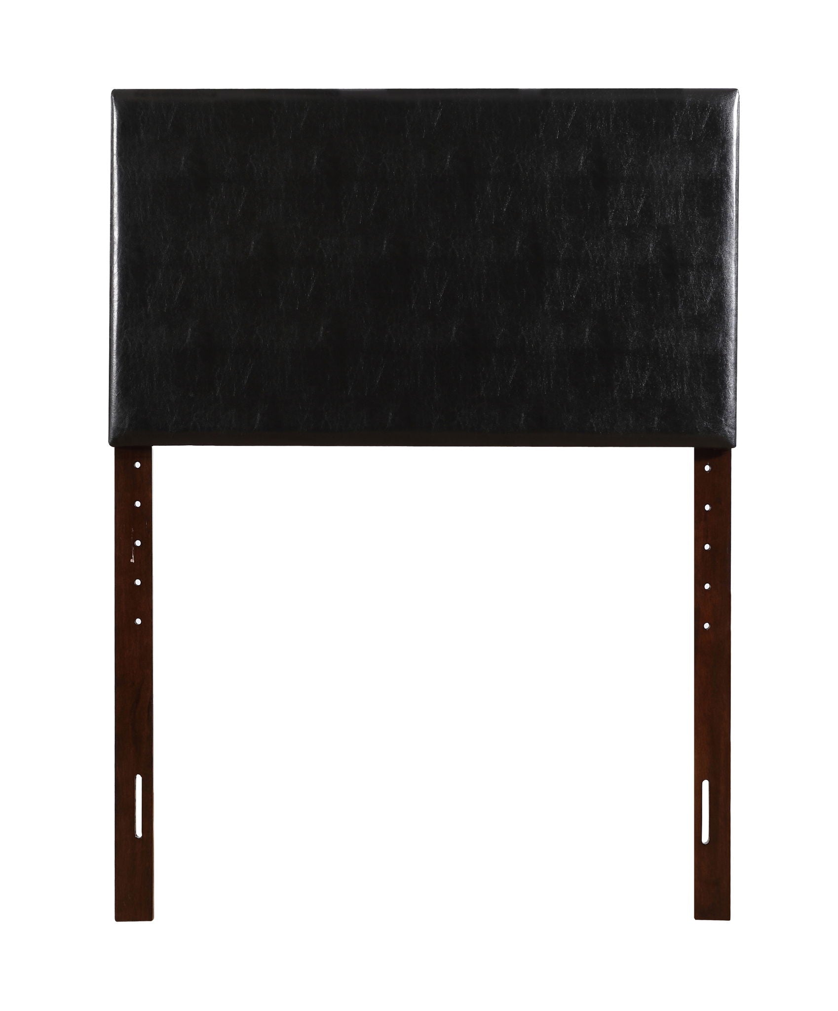 The Nova Headboard is a rectangular black upholstered headboard with dark brown wooden legs and adjustable mounting holes on each leg.