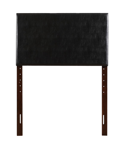 The Nova Headboard is a rectangular black upholstered headboard with dark brown wooden legs and adjustable mounting holes on each leg.