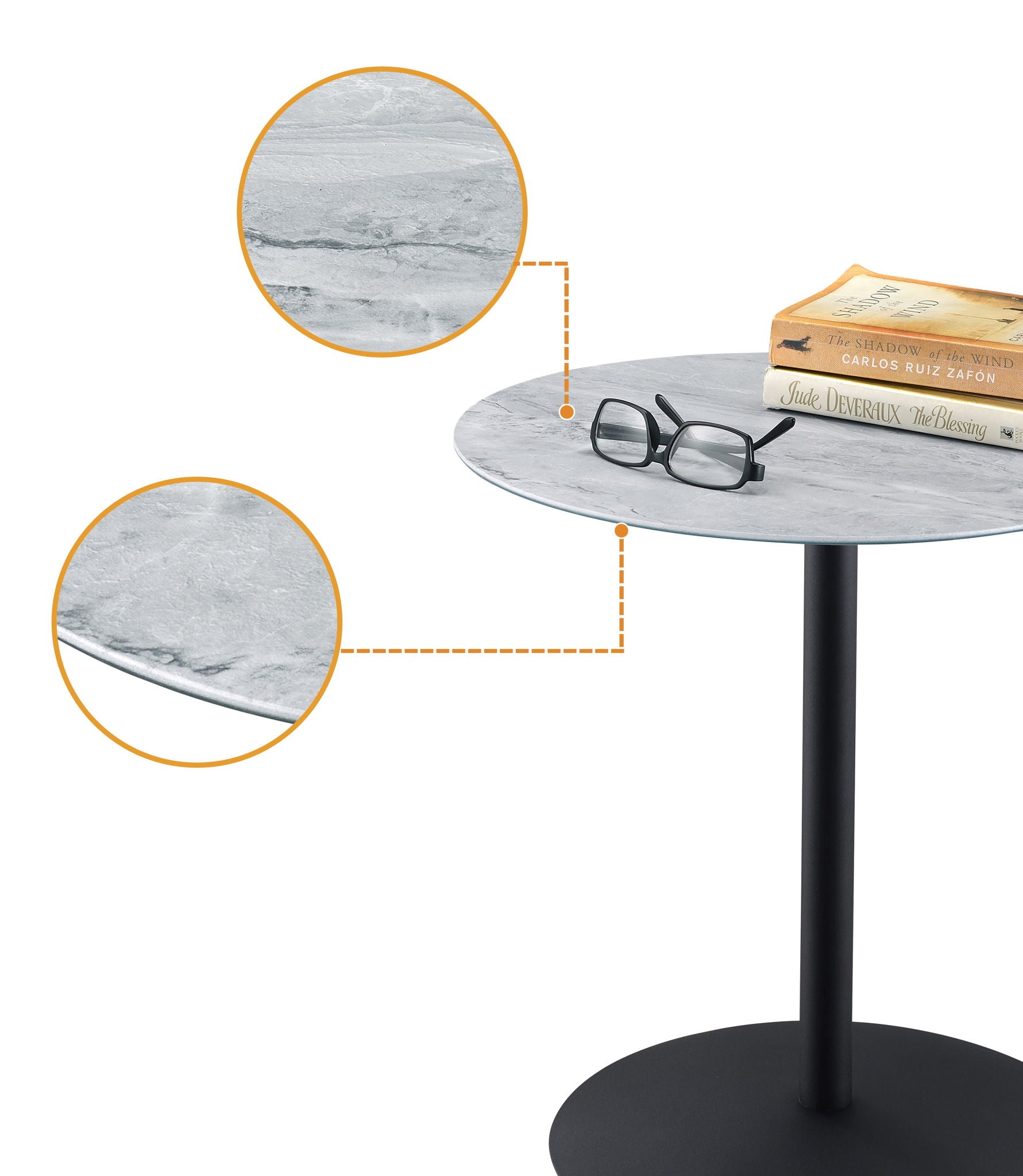 The Circa - 17.5" End Table features a marble-textured gray top on a black pedestal base. Two inset circles emphasize the tabletop’s texture, while black eyeglasses and two stacked books rest on its surface.