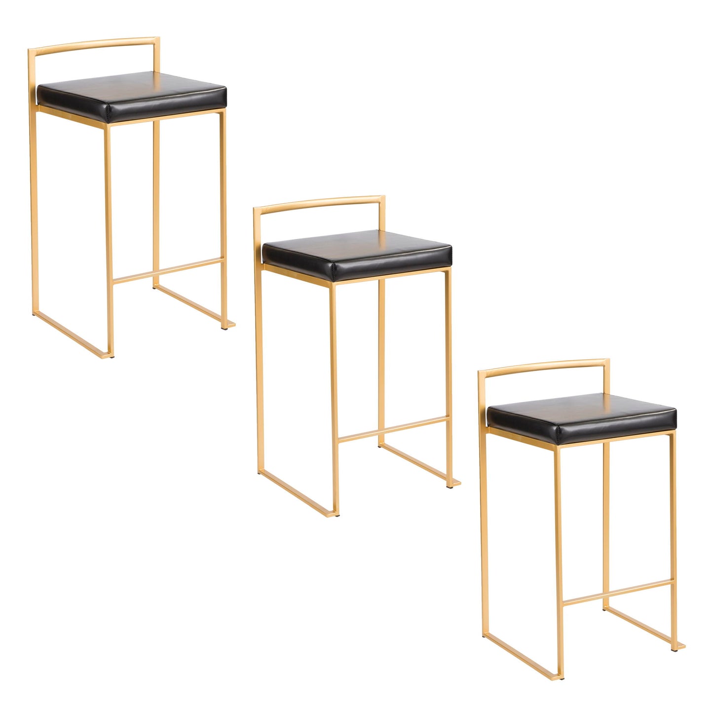 The Fuji Contemporary/Glam Design Counter Stool (Set of 2) features modern bar stools with gold metal frames, black cushioned seats, minimalist square design, and low backrests, shown arranged diagonally on a white background.