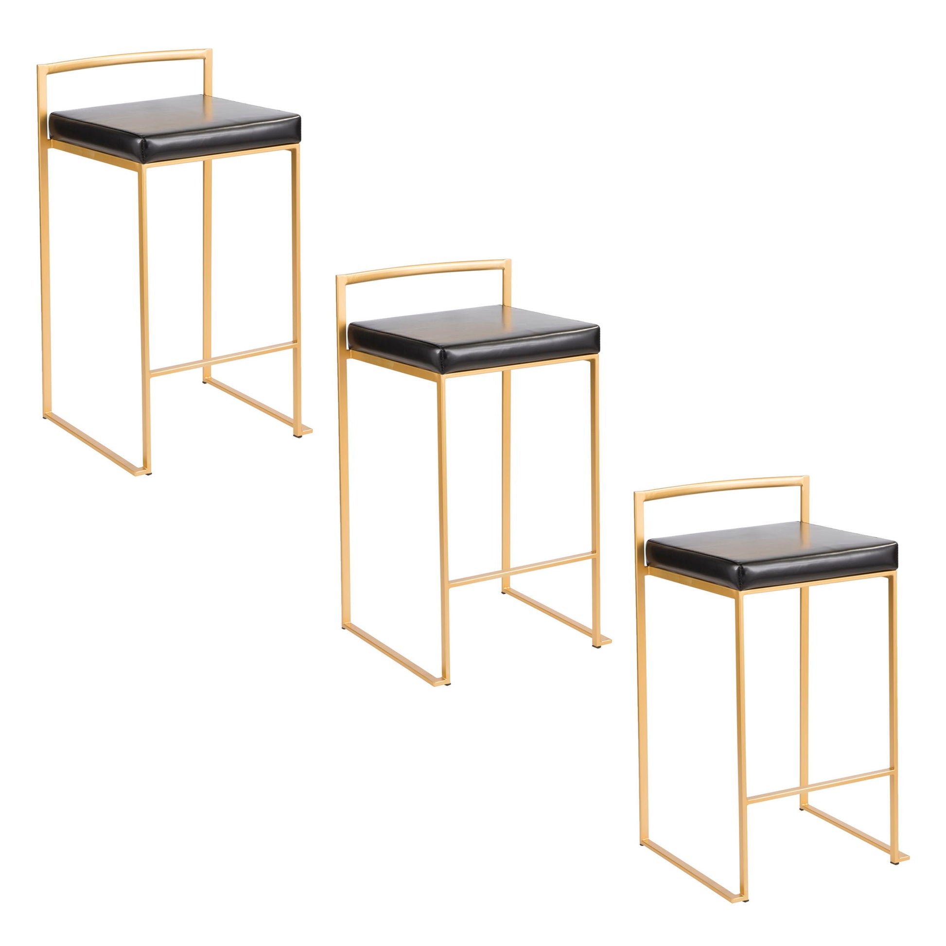 The Fuji Contemporary/Glam Design Counter Stool (Set of 2) features modern bar stools with gold metal frames, black cushioned seats, minimalist square design, and low backrests, shown arranged diagonally on a white background.