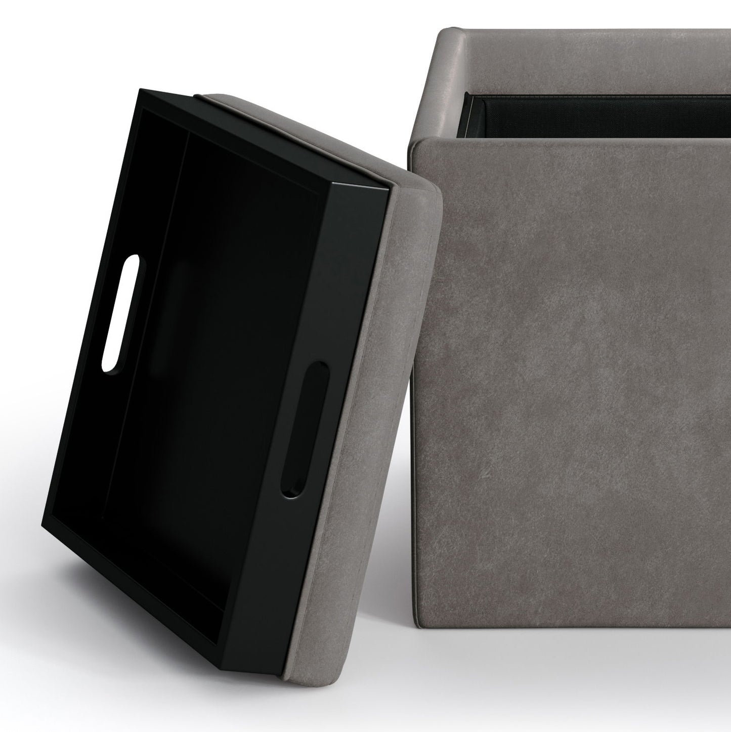 The Rockwood Upholstered Cube Storage Ottoman features a removable lid that doubles as a black tray with handles for easy carrying.